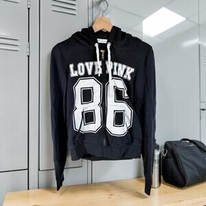 PINK Victoria's Secret Women's Large Black & White 86 L/S Cropped Zip Up Hoodie